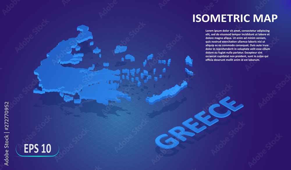 Wall mural Isometric map of the GREECE. Stylized flat map of the country on blue background. Modern isometric 3d location map with place for text or description. 3D concept for infographic. EPS 10