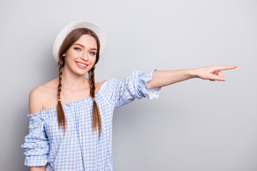 Portrait of positive cheerful content trendy youth person millennial suggest select route advice choose decide her wear checkered plaid modern clothing top isolated grey silver background
