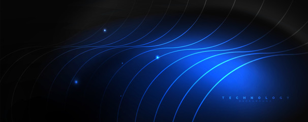 Dark abstract background with bright color neon lights and lines. Glowing background