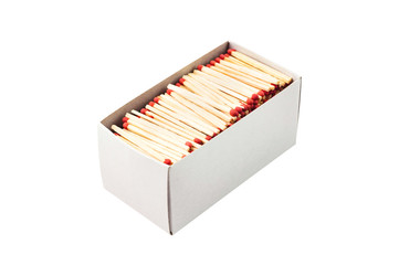 One big rectangle blank cardboard matchbox full of wooden matches with brown sulfur on head isolated on white background. For picnic, trip, kitchen or other use