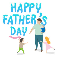 vector of happy father's day greeting card. father holding a child in his arm with two kids playing around. happy big family together