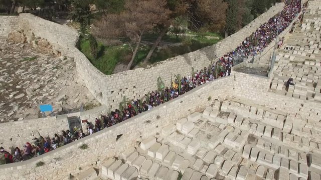 Aerial of Palm Sunday pilgrims procession on Mt. Olives. Jerusalem. DJI-0667-05
