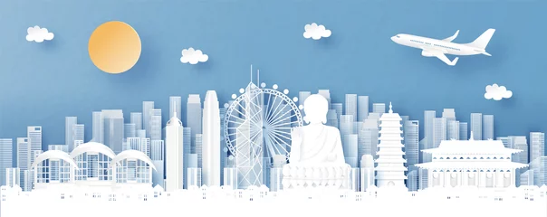 Deurstickers Panorama view of Hong Kong and city skyline with world famous landmarks in paper cut style vector illustration © ChonnieArtwork 