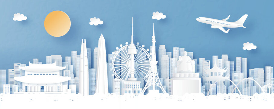 Panorama view of Seoul, Korea and city skyline with world famous landmarks in paper cut style vector illustration