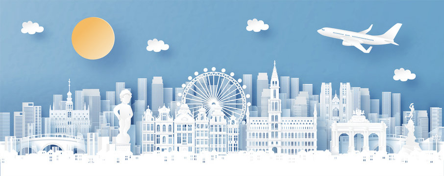 Panorama view of Brussels, Belgium and city skyline with world famous landmarks in paper cut style vector illustration