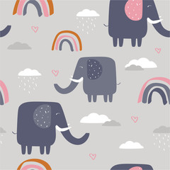 Happy elephants, clouds, rainbow, hand drawn backdrop. Colorful seamless pattern with animals and water drops. Decorative cute wallpaper, good for printing. Overlapping background vector