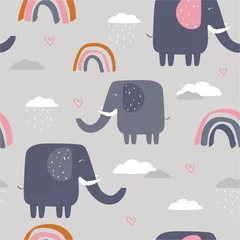 Foto auf Acrylglas Glückliche Elefanten, Wolken, Regenbogen, handgezeichneter Hintergrund. Buntes nahtloses Muster mit Tieren und Wassertropfen. Dekorative süße Tapete, gut zum Drucken. Überlappender Hintergrundvektor © Talirina