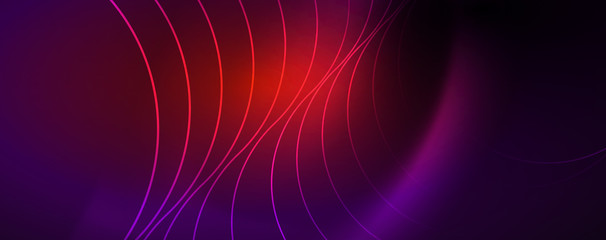 Shiny neon lights, dark abstract background with blurred magic neon light curved lines