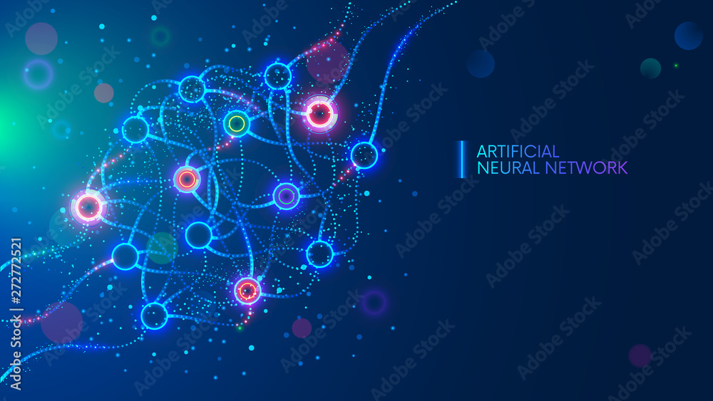 Poster Artificial neural networks, ANN, connectionist systems. Abstract simple graphics scheme of neural machine mind with AI. Artificial intelligence, cybernetic net in computer learning. Science concept.