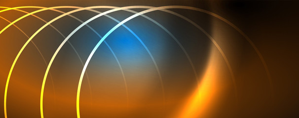 Trendy neon blue abstract design with waves and circles. Neon light glowing effect. Abstract digital background.