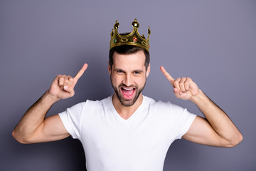 Portrait of funny funky lovely cheerful excited people person have gemstone ego crown feel rejoice...