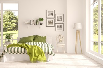 Mosk up of modern bedroom in white color with green landscape in window. Scandinavian interior design. 3D illustration