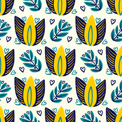 Fototapeta na wymiar Hand Drawn pattern with summer flowers and herbs vintage Hohloma floral elements. Blue Yellow on white