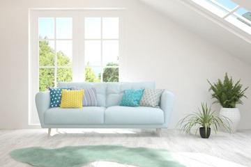 Stylish room in white color with sofa and summer landscape in window. Scandinavian interior design. 3D illustration