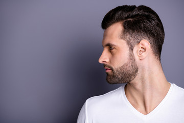 Fototapeta premium profile side view photo of focused concentrated lovely person look feel proud charming enjoy good-looking he his isolated white t-shirt bearded grey background
