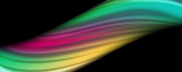 Abstract wave lines fluid rainbow style color stripes on black background. Artistic illustration for presentation, app wallpaper, banner or poster