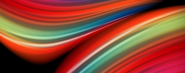 Abstract wave lines fluid rainbow style color stripes on black background. Artistic illustration for presentation, app wallpaper, banner or poster