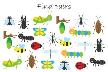 Find pairs of identical pictures, fun education game with insects theme for children, preschool worksheet activity for kids, task for the development of logical thinking, vector illustration