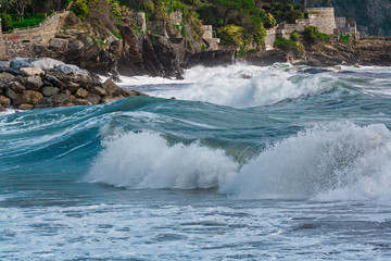 Stormy waves on the Ligurian sea in Italy.