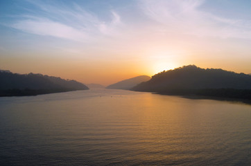Fototapeta na wymiar beautiful sunrise, mountain and river