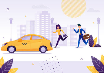 Girl and Businessman Running to Get Yellow Taxi.