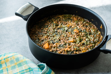 Homemade Lentil Stew / Soup with Chard and Sweet Potatoes in Pot Pan