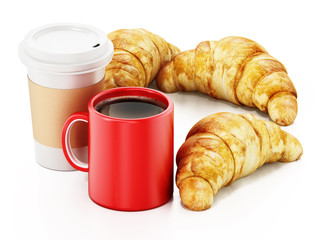 Coffe mug, cup and croissants isolated on white background. 3D illustration