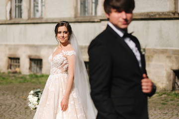 Fototapeta premium Newlyweds stand in front of castle. Groom and bride