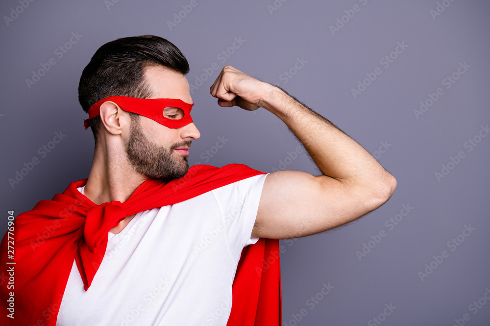 Sticker Close-up portrait of his he nice-looking attractive content bearded guy businessman demonstrating looking at powerful muscles isolated over gray pastel violet purple background