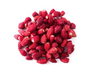 Fresh strawberries lay on white background. Top view. Background of wildberries. Ripe wild strawberry on a white background. Wild strawberries with copy space for text. Top view.