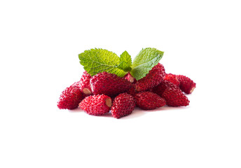 Fresh strawberries lay on white background. Background of wildberries. Ripe wild strawberry on a white background. Wild strawberries with copy space for text.