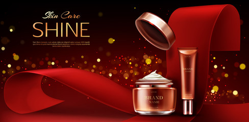 Cosmetics bottles mockup, skin care beauty product line, cream jar and tube on red background with ribbon and gold sparkles, natural cosmetic advertising promo banner. Realistic 3d vector illustration