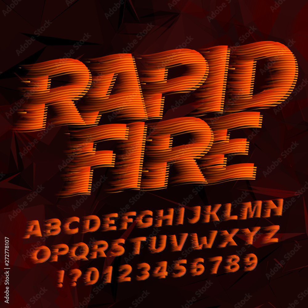 Fototapete rapid fire alphabet font. flame effect type letters and numbers. abstract dark background. stock vec