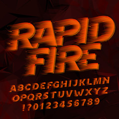 Rapid Fire alphabet font. Flame effect type letters and numbers. Abstract dark background. Stock vector typeface for your design.