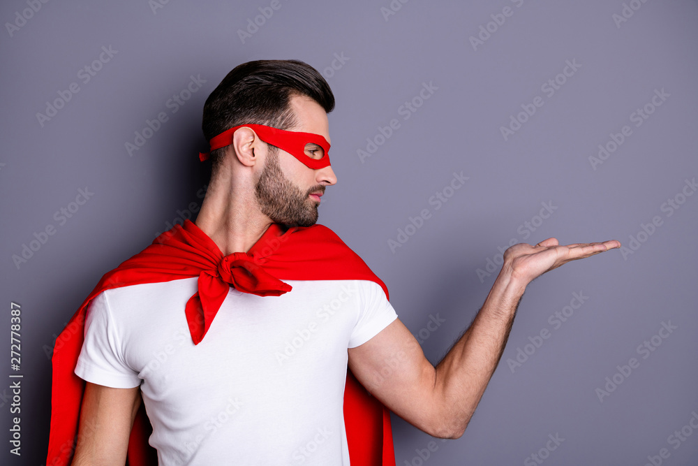 Sticker Close-up portrait of his he nice-looking attractive content virile brutal harsh macho bearded guy holding copy space on palm advert alternative option isolated over gray pastel background