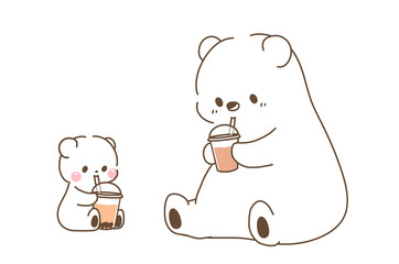 チーズティー・タピオカミルクティーを飲むシロクマの親子のイラスト素材
