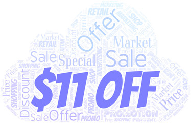 $11 Off word cloud. Wordcloud made with text only.