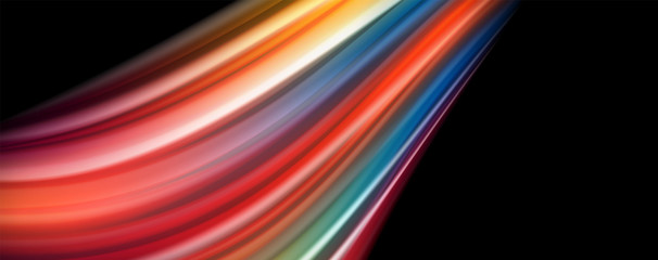 Abstract wave lines fluid rainbow style color stripes on black background. Artistic illustration for presentation, app wallpaper, banner or poster