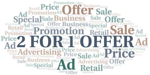 2 For 1 Offer word cloud. Wordcloud made with text only.