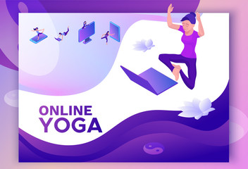 Yoga isometric concept or website template, 3d women doing physical exercises and watching online classes via smartphone or laptop, mobile app background, illustration of meditating in different pose