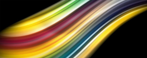 Modern rainbow liquid color flow colorful poster. Wave Liquid shape in black color background. Abstract composition