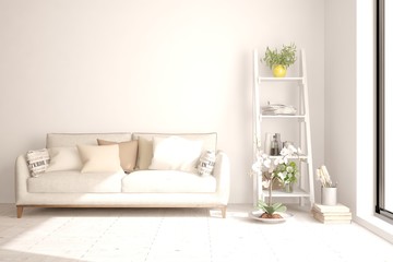 Stylish room in white color with sofa. Scandinavian interior design. 3D illustration