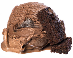 Single scoop of chocolate - brownie ice cream with brownies isolated on white background front view - obrazy, fototapety, plakaty