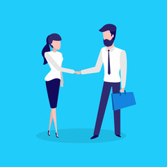 Conference meeting of man and woman, business deal vector. Team working together, partnership of businessman with briefcase and businesswoman in suit