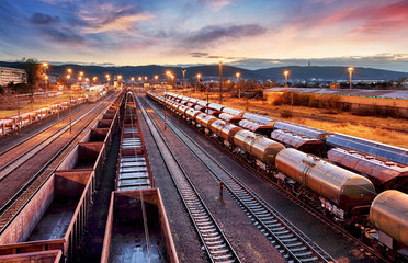 Obraz na płótnie Canvas Container Freight Train in Station, Cargo railway transportation industry