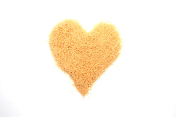 Vermicelli, heart-shaped pasta on a white background