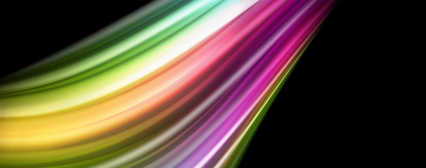 Abstract wave lines fluid rainbow style color stripes on black background. Artistic illustration for presentation, app wallpaper, banner or poster