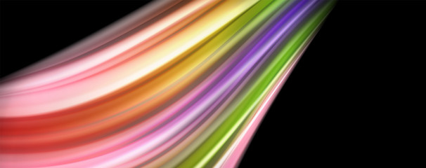 Modern rainbow liquid color flow colorful poster. Wave Liquid shape in black color background. Abstract composition