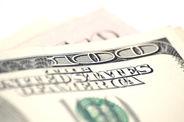 One hundred dollars close up, money on white background with copy space from top