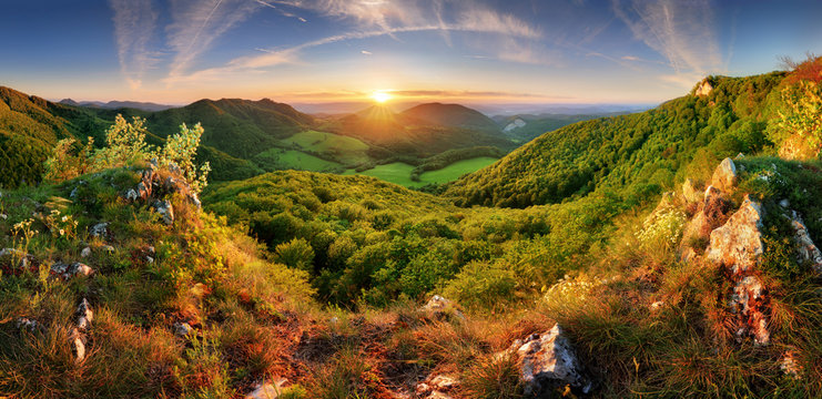 Spring mountain landscape panorama with forest and sun